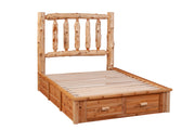 Close-up of the Drift Peak Cedar Log Footboard Dresser under the bed slats