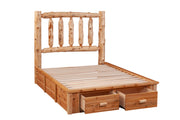 Angled view of the Drift Peak Cedar Log Footboard Dresser with drawers open at the foot of the bed