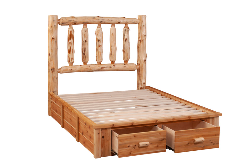 Angled view of the Drift Peak Cedar Log Footboard Dresser with drawers open at the foot of the bed