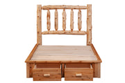 Front view of the Drift Peak Cedar Log Footboard Dresser with both drawers pulled out