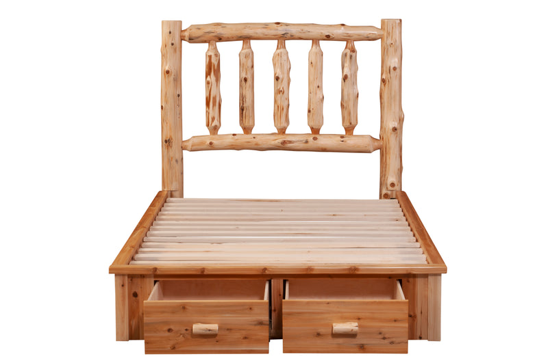Front view of the Drift Peak Cedar Log Footboard Dresser with both drawers pulled out