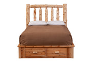 Front view of the Drift Peak Cedar Log Footboard Dresser with two drawers below the mattress