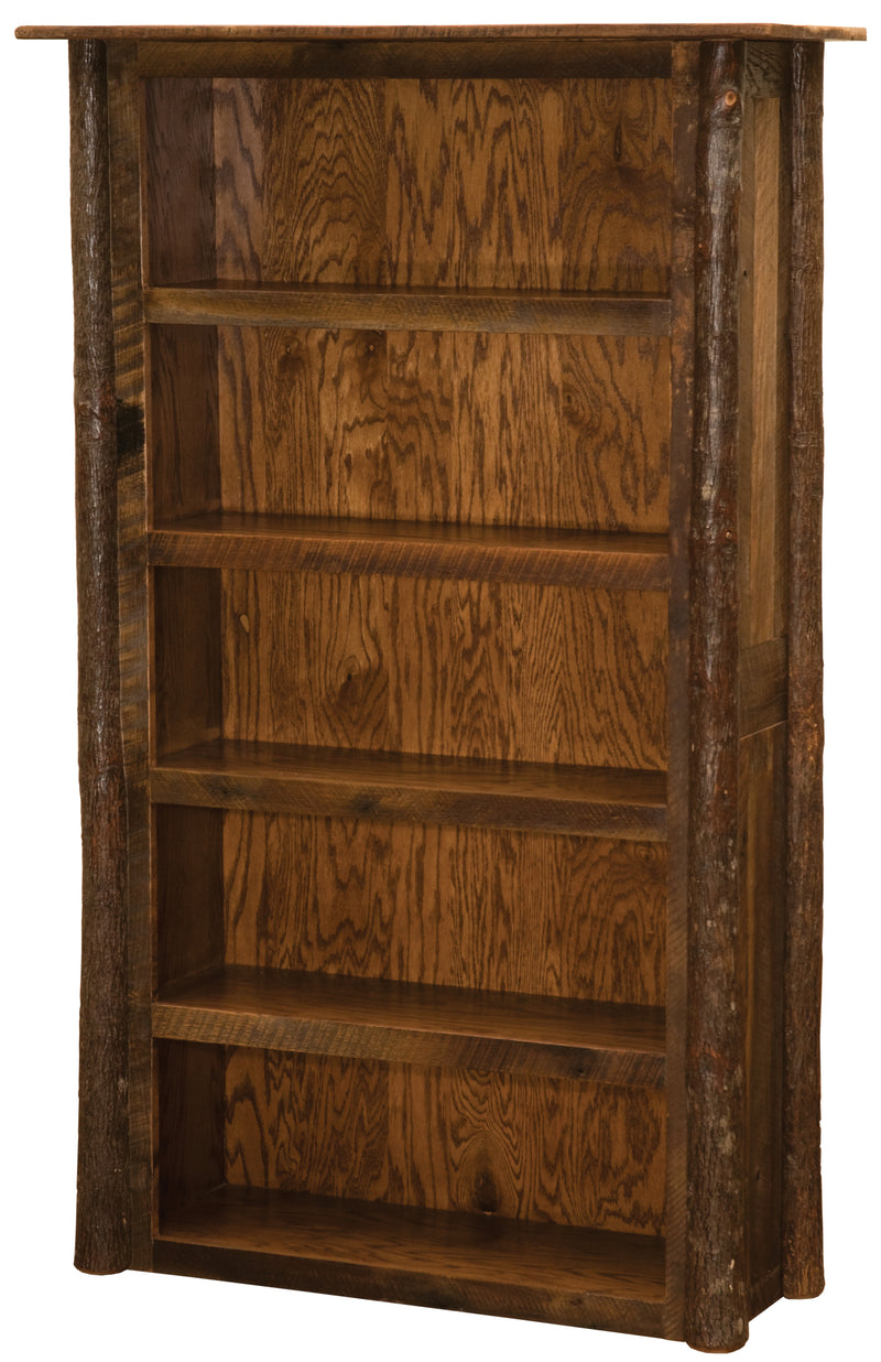 Angled view of the Dyer Mountain Barnwood and Hickory Five Shelf Library Bookcase