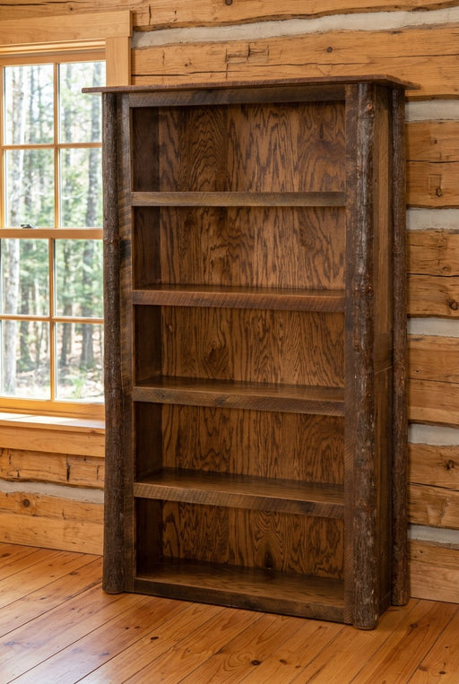 Dyer Mountain Barnwood and Hickory Five Shelf Library Bookcase staged in a sunlit log cabin home office