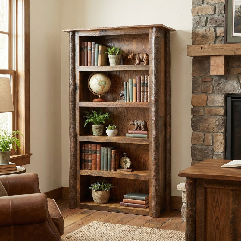 Dyer Mountain Barnwood and Hickory Five Shelf Library Bookcase front view