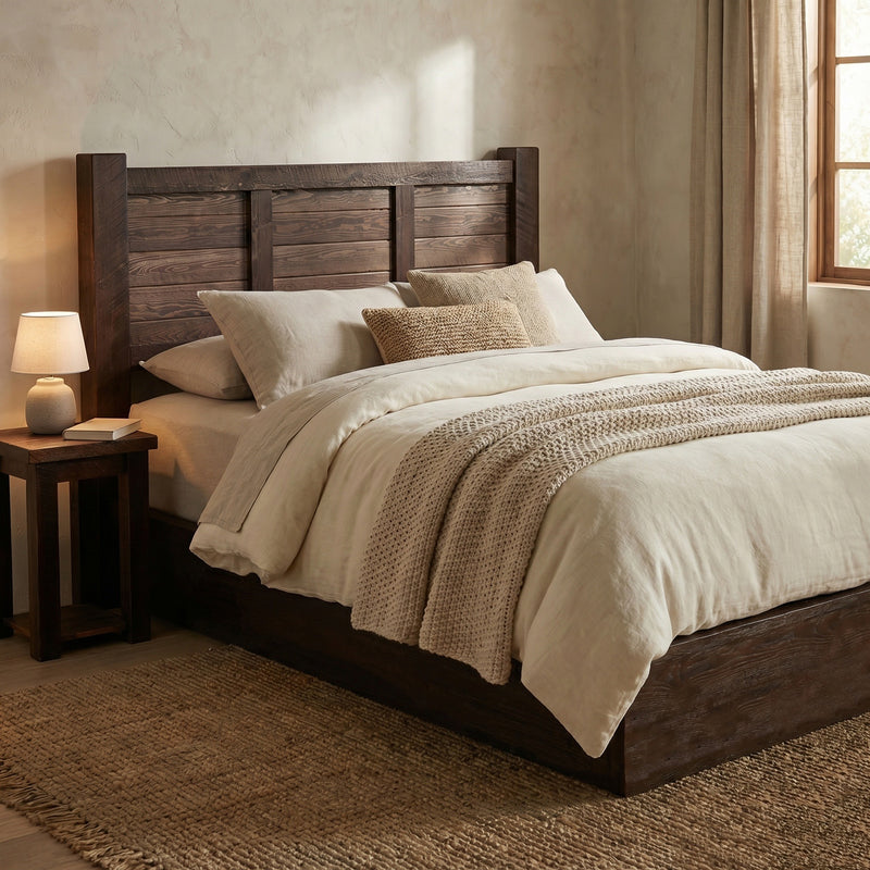 Eagles Nest Pine Cider House Platform Bed with neutral bedding in a cabin bedroom
