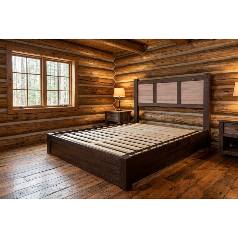 Eagles Nest Pine Cider House Platform Bed staged in a rustic farmhouse cabin bedroom