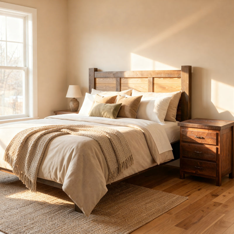 East Spanish Peak Pine Cider House Headboard behind a bed with neutral bedding in a farmhouse bedroom