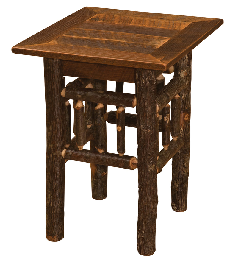 Angled view of the El Diente Peak Barnwood and Hickory Open Nightstand showing the barnwood top and hickory twig base