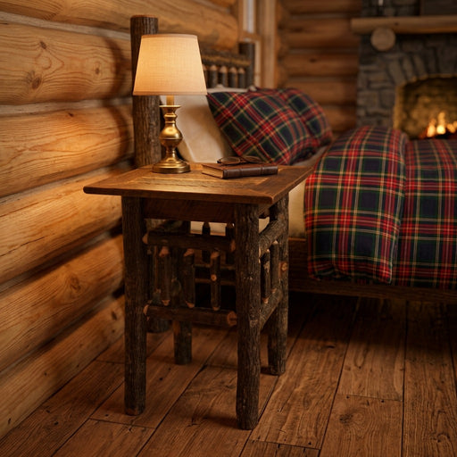 El Diente Peak Barnwood and Hickory Open Nightstand staged with a lamp beside a plaid bed in a log cabin bedroom