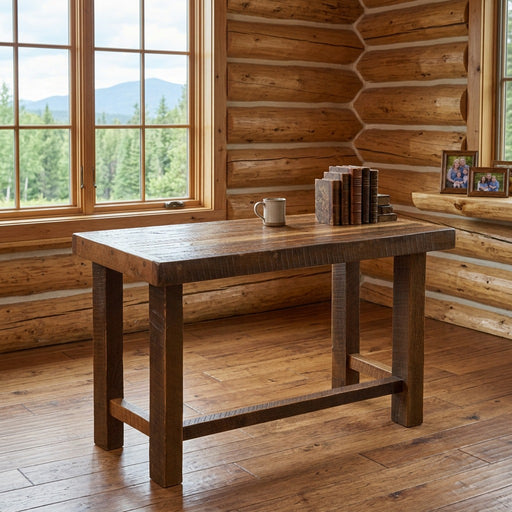 Electric Peak Reclaimed Barnwood Writing Desk staged in a sunlit log cabin home office