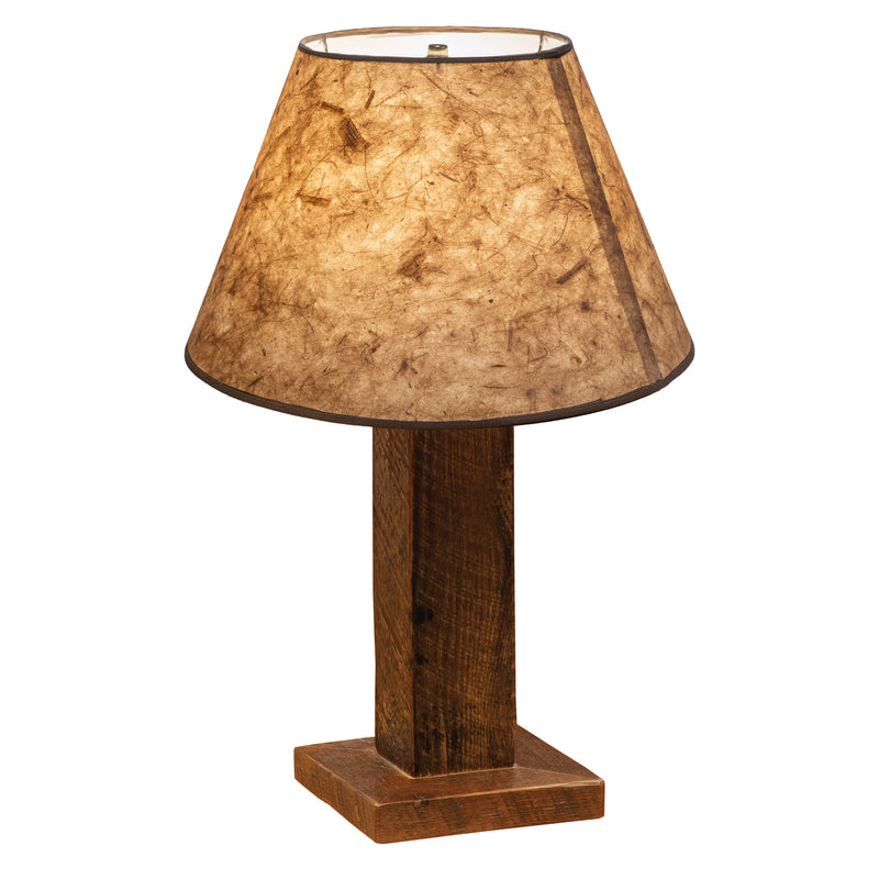 Angled view of the Elk Mountain Reclaimed Barnwood Table Lamp