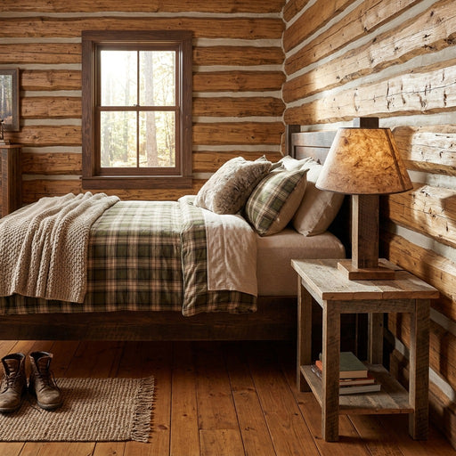 Elk Mountain Reclaimed Barnwood Table Lamp staged in a sunlit log cabin bedroom