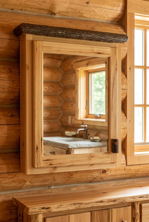 Elk Tooth Hickory Log Medicine Cabinet staged in a sunlit log cabin bathroom