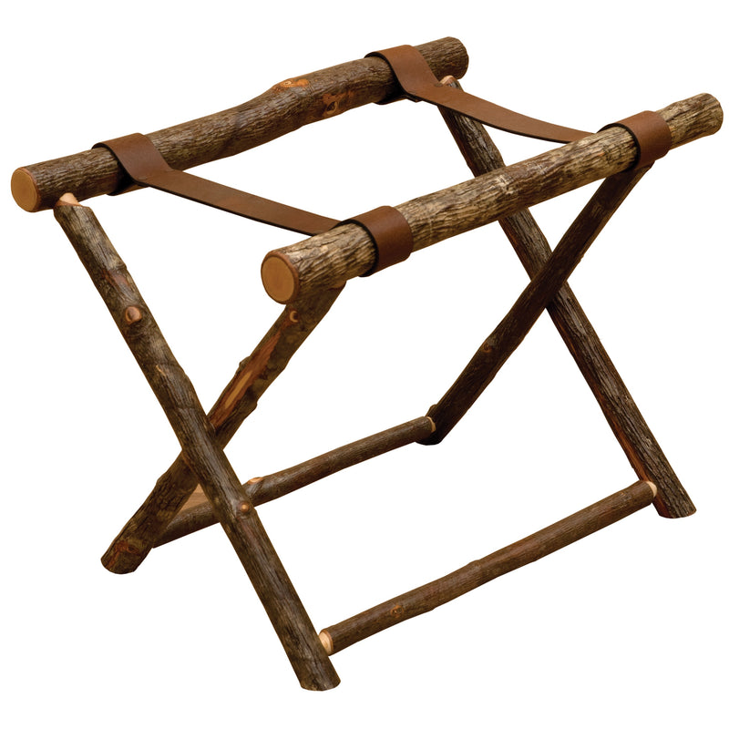 Angled view of the Emerald Peak Hickory Log Luggage Rack