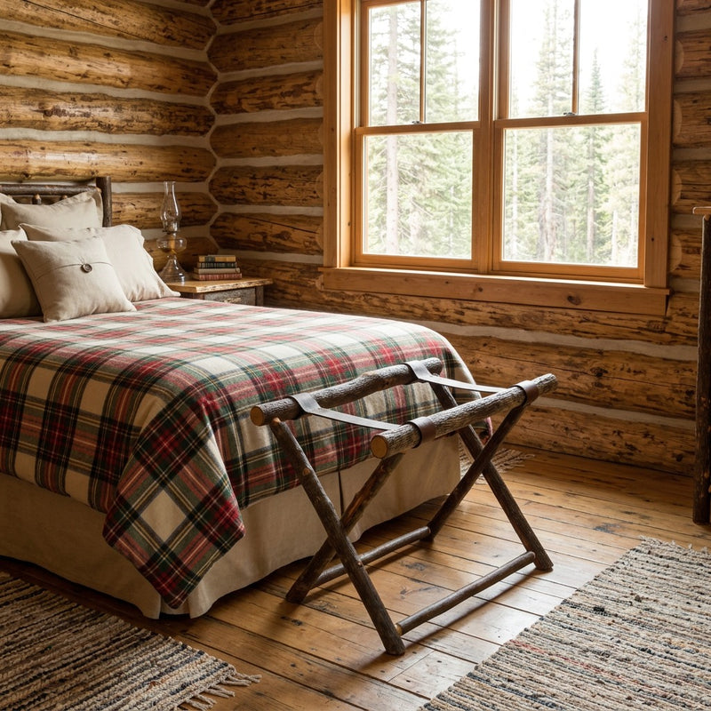 Emerald Peak Hickory Log Luggage Rack staged in a sunlit log cabin bedroom