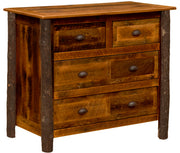 Angled view of the Engelmann Peak Barnwood and Hickory Low Boy Dresser showing two top drawers over two wide drawers