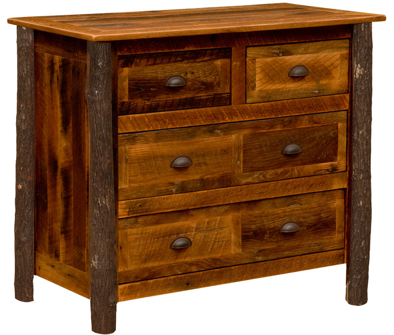 Angled view of the Engelmann Peak Barnwood and Hickory Low Boy Dresser showing two top drawers over two wide drawers