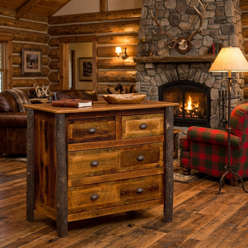 Engelmann Peak Barnwood and Hickory Low Boy Dresser in a log cabin living room with a stone fireplace