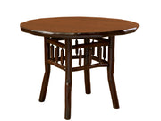 Angled view of the Engineer Mountain Hickory Log Round Dining Table in Natural showing bark-on trim