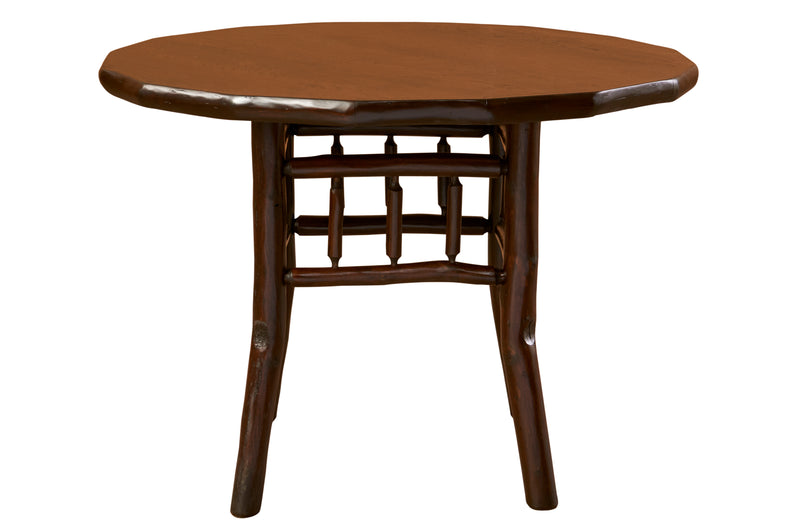 Front view of the Engineer Mountain Hickory Log Round Dining Table