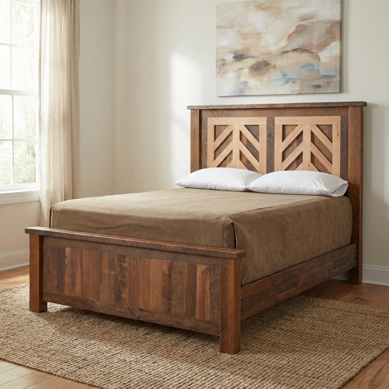 Epaulet Mountain Reclaimed Barnwood Chevron Bed with neutral bedding in a bright bedroom