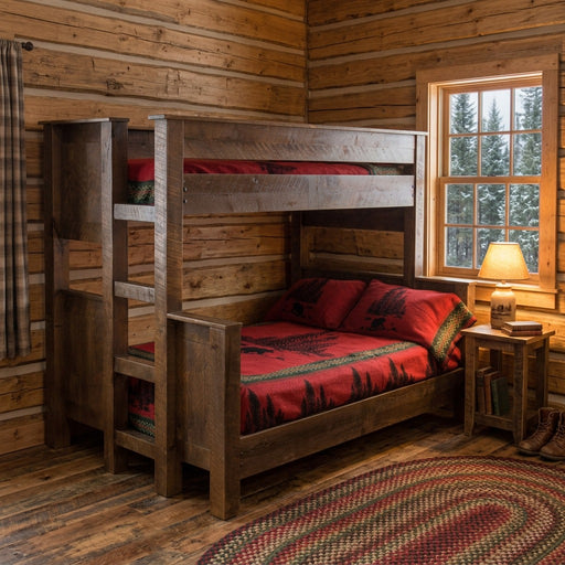 Estes Cone Pine Panel Bunk Bed staged in a rustic log cabin bunk room