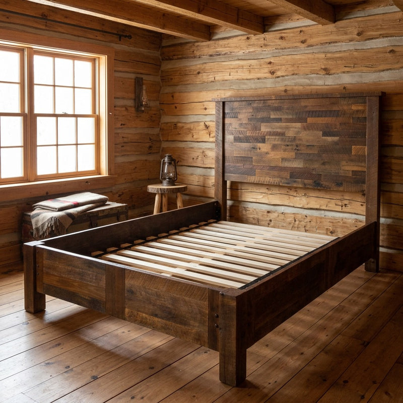 Eureka Mountain Reclaimed Barnwood Plank Bed with Rail System staged in a sunlit log cabin bedroom