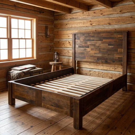 Eureka Mountain Reclaimed Barnwood Plank Bed with Rail System staged in a sunlit log cabin bedroom