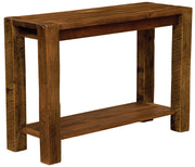 Angled view of the Fairchild Mountain Reclaimed Barnwood Post Sofa Table showing thick post legs and lower shelf