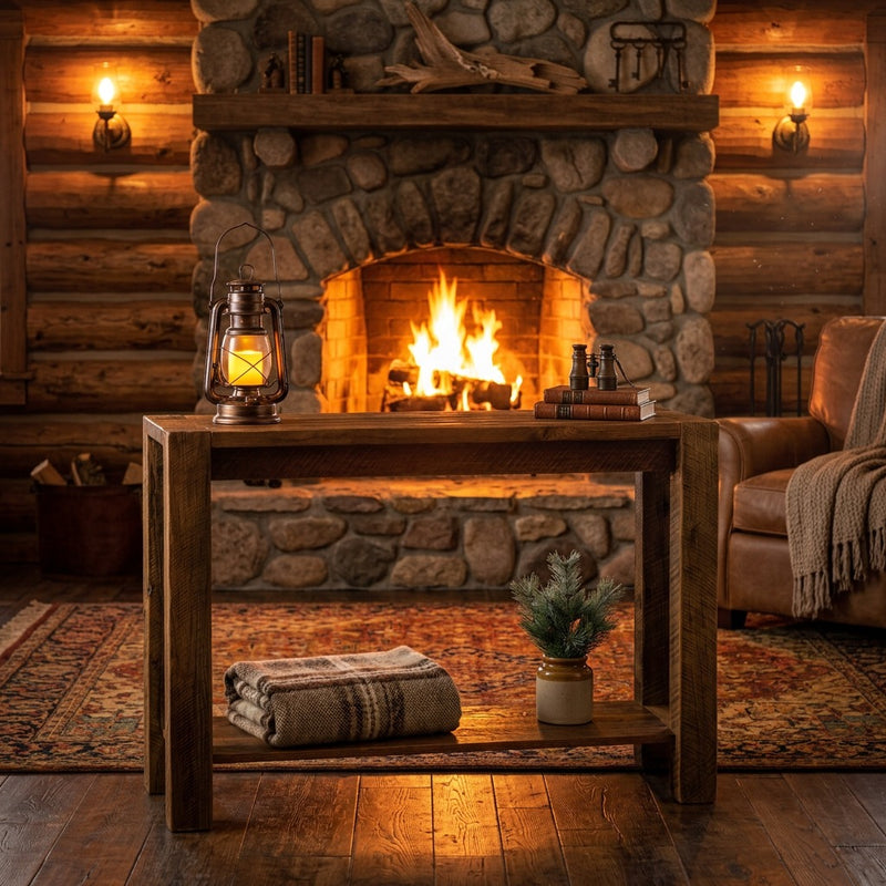 Fairchild Mountain reclaimed barnwood post sofa table staged before a stone fireplace in a log cabin living room