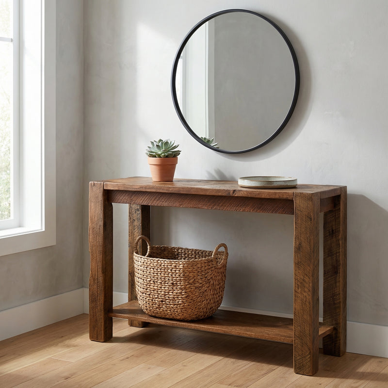 Fairchild Mountain Reclaimed Barnwood Post Sofa Table below a round mirror with a woven basket on the shelf