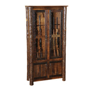 Angled view of the Fairview Peak Barnwood and Hickory Eight Gun Cabinet showing the glass display doors