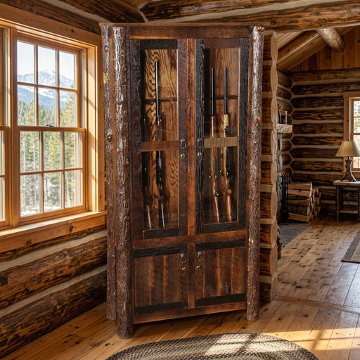 Fairview Peak Barnwood and Hickory Eight Gun Cabinet staged in a sunlit log cabin living room
