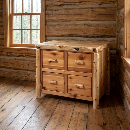Farwell Mountain Cedar Log Four Drawer File Cabinet staged in a sunlit log cabin home office