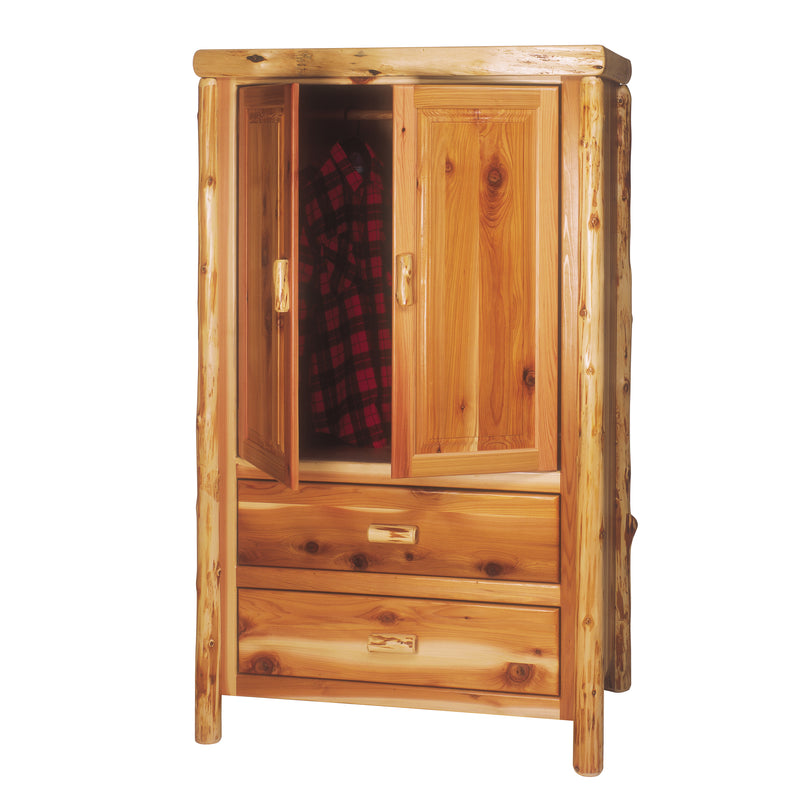 Angled view of the Flattop Mountain Cedar Log Wardrobe with a door open showing the hanging cabinet and two drawers