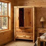 Flattop Mountain Cedar Log Wardrobe in Natural with one door open to the hanging rod in a log-walled bedroom