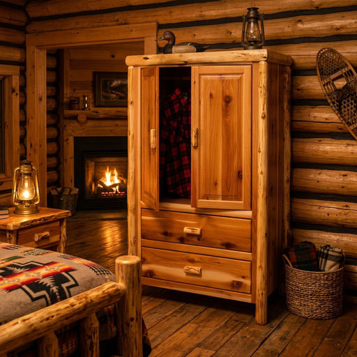 Flattop Mountain Cedar Log Wardrobe staged in a rustic log cabin bedroom with a stone fireplace and warm lantern light