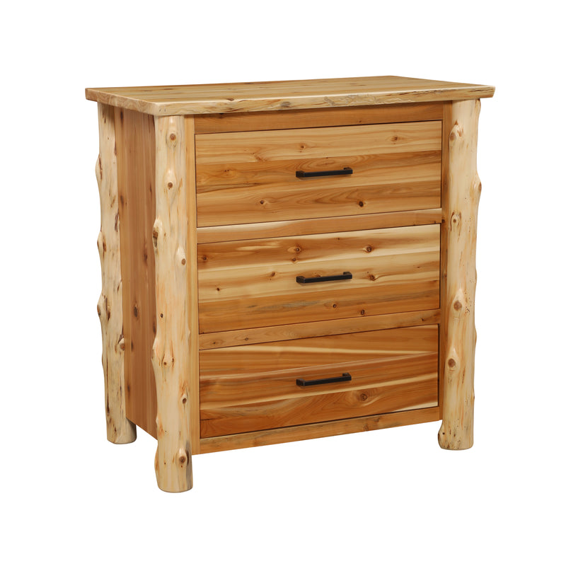 Angled view of the Fletcher Mountain Cedar Log Chest of Drawers in Natural showing three drawers and cedar log posts