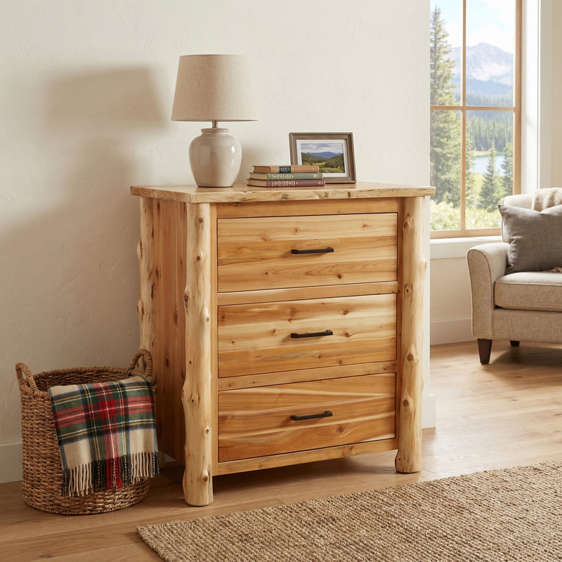 Fletcher Mountain Cedar Log Chest of Drawers in a natural finish with a lamp and plaid blanket basket in a sunny room