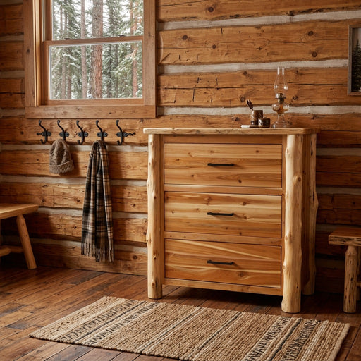Fletcher Mountain Cedar Log Chest of Drawers in a log cabin entryway beside coat hooks and a woven rug