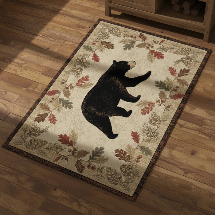 Rug with bear silhouette and nature-themed border on a beige background