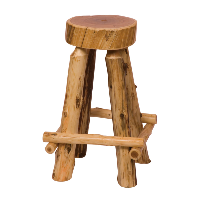 Angled view of the Fuller Peak Cedar Slab Stool with Outside Footrests