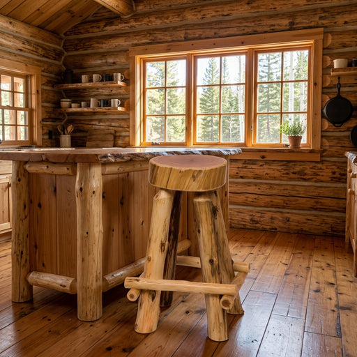 Fuller Peak Cedar Slab Stool with Outside Footrests staged in a sunlit log cabin kitchen