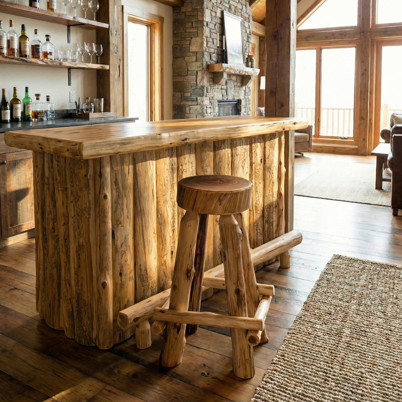 Fuller Peak Cedar Slab Stool with Outside Footrests at a rustic kitchen counter