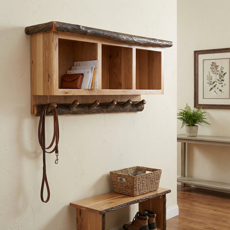 Gabletop Mountain Hickory Hanging Locker Shelf in a cabin entryway with a leash and coat