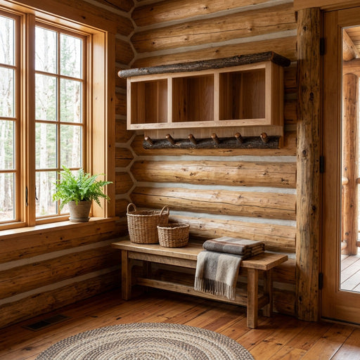 Gabletop Mountain Hickory Hanging Locker Shelf staged in a sunlit log cabin entryway