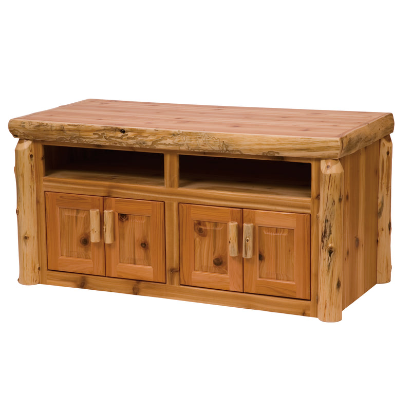 Angled view of the Galena Peak Cedar Log TV Console