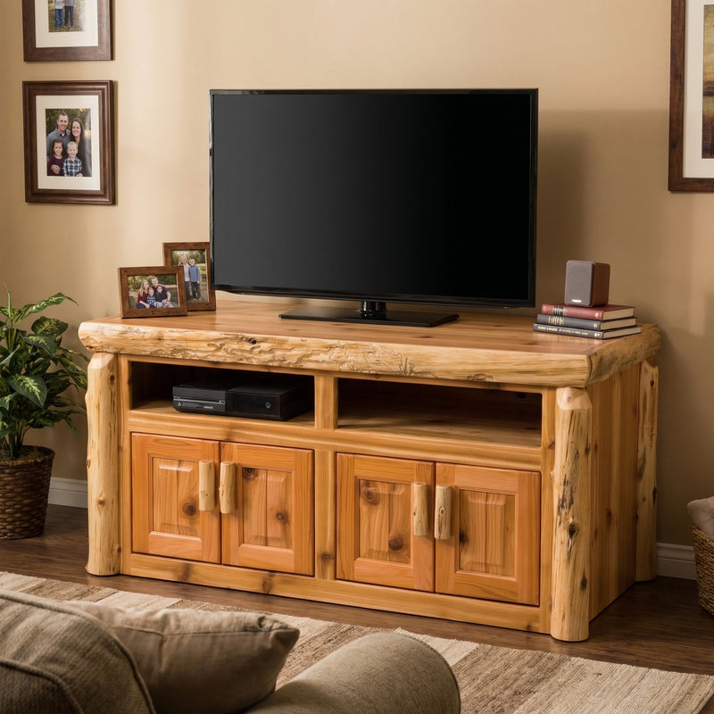 Galena Peak Cedar Log TV Console in a rustic cabin living room