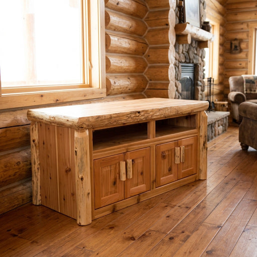 Galena Peak Cedar Log TV Console staged in a sunlit log cabin living room